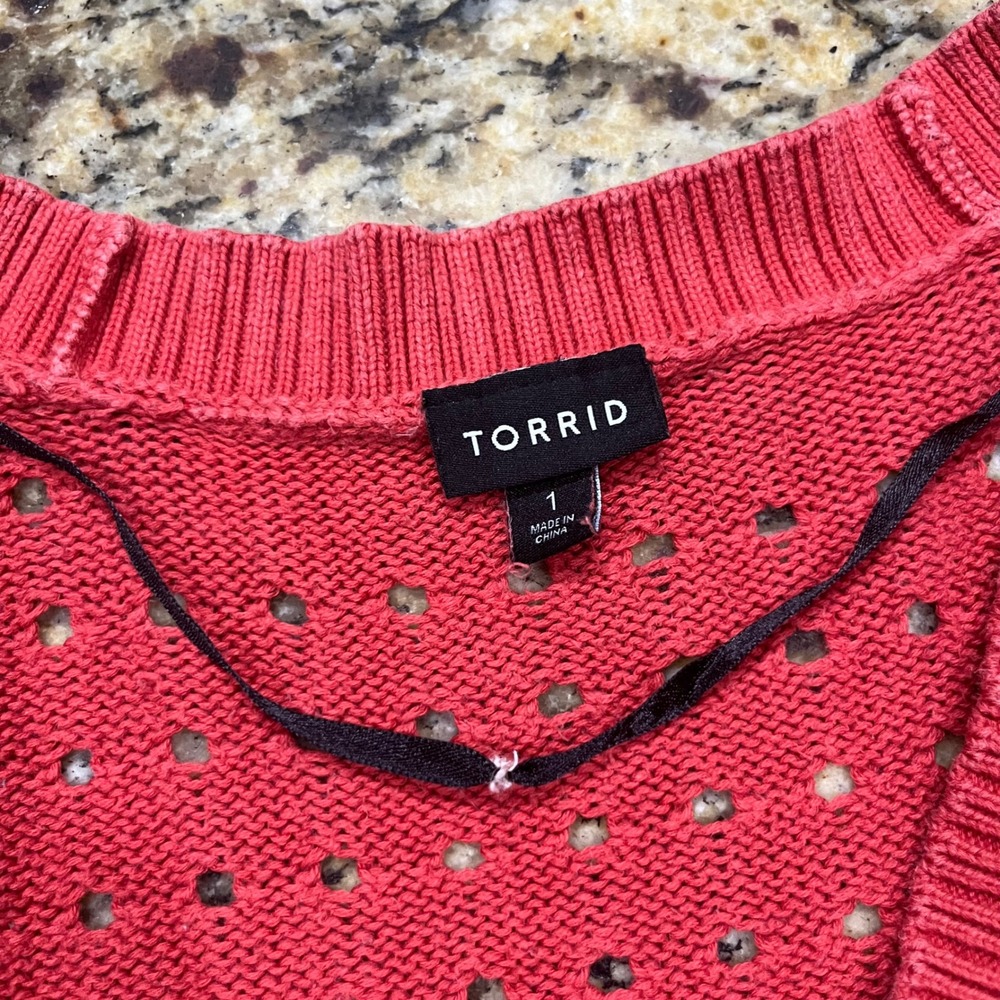 Torrid Womens 1 Coral Pink Pointelle Cable Knit V-Neck Button Cardigan Sweater - Picture 2 of 4